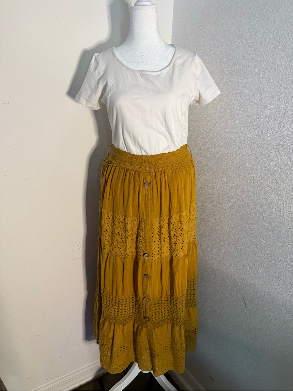 NAOO Nation AK Outfits Boho 2-in-1 Maxi Dress Mustard Yellow Eyelet Skirt Set M